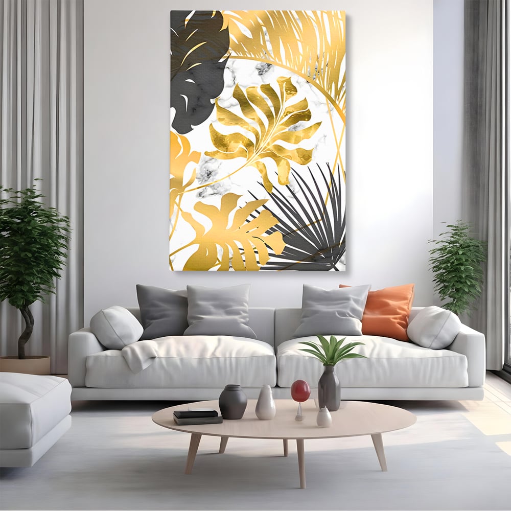 Tablou canvas cu tablou canvas cu frunze tropicale, fara rama, pe sasiu de lemn, pe perete intr-un living